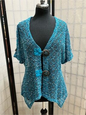 ULTIMATE Turquoise Open-Knit Short Sleeve Sweater with Decorative Buttons SIZE L